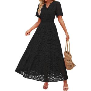 ZESICA Women’s 2026 Summer Short Sleeve Maxi Dress Casual V Neck Hollow Out Eyelet Ruffle Swing A Line Long Dresses(Black)