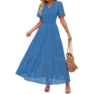 ZESICA Women’s 2026 Summer Short Sleeve Maxi Dress Casual V Neck Hollow Out Eyelet Ruffle Swing A Line Long Dresses(Cobalt)