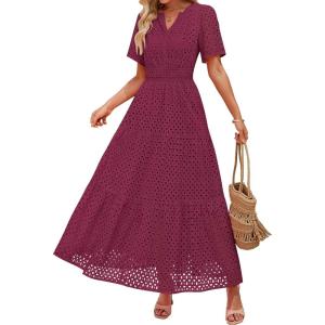 ZESICA Women’s 2026 Summer Short Sleeve Maxi Dress Casual V Neck Hollow Out Eyelet Ruffle Swing A Line Long Dresses(Fuchsia)