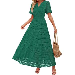 ZESICA Women’s 2026 Summer Short Sleeve Maxi Dress Casual V Neck Hollow Out Eyelet Ruffle Swing A Line Long Dresses(Green)