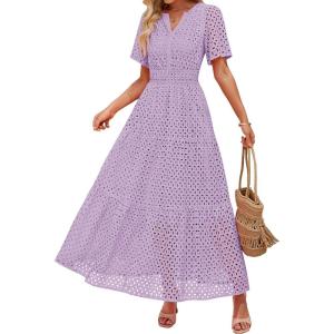 ZESICA Women’s 2026 Summer Short Sleeve Maxi Dress Casual V Neck Hollow Out Eyelet Ruffle Swing A Line Long Dresses(Light Purple)