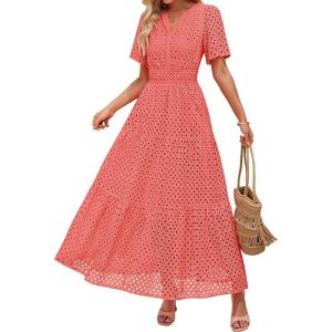 ZESICA Women’s 2026 Summer Short Sleeve Maxi Dress Casual V Neck Hollow Out Eyelet Ruffle Swing A Line Long Dresses(Peach)