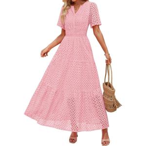 ZESICA Women’s 2026 Summer Short Sleeve Maxi Dress Casual V Neck Hollow Out Eyelet Ruffle Swing A Line Long Dresses(Pink)