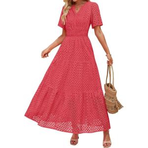 ZESICA Women’s 2026 Summer Short Sleeve Maxi Dress Casual V Neck Hollow Out Eyelet Ruffle Swing A Line Long Dresses(Watermelon)