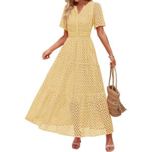 ZESICA Women’s 2026 Summer Short Sleeve Maxi Dress Casual V Neck Hollow Out Eyelet Ruffle Swing A Line Long Dresses(Yellow)