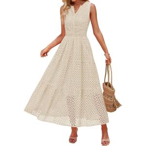 ZESICA Women’s 2026 Summer Sleeveless Maxi Dress Casual V Neck Hollow Out Eyelet A Line Flowy Party Long Dresses(Apricot)