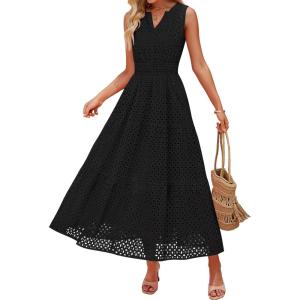 ZESICA Women’s 2026 Summer Sleeveless Maxi Dress Casual V Neck Hollow Out Eyelet A Line Flowy Party Long Dresses(Black)