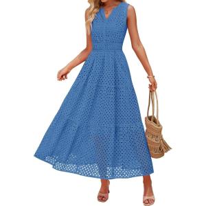 ZESICA Women’s 2026 Summer Sleeveless Maxi Dress Casual V Neck Hollow Out Eyelet A Line Flowy Party Long Dresses(Blue)