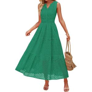 ZESICA Women’s 2026 Summer Sleeveless Maxi Dress Casual V Neck Hollow Out Eyelet A Line Flowy Party Long Dresses(Green)