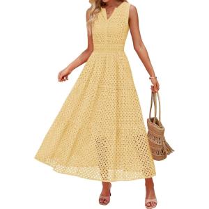 ZESICA Women’s 2026 Summer Sleeveless Maxi Dress Casual V Neck Hollow Out Eyelet A Line Flowy Party Long Dresses(Lightyellow)