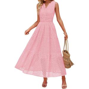 ZESICA Women’s 2026 Summer Sleeveless Maxi Dress Casual V Neck Hollow Out Eyelet A Line Flowy Party Long Dresses(Pink)