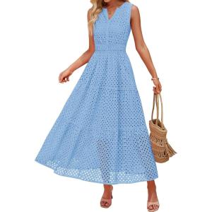 ZESICA Women’s 2026 Summer Sleeveless Maxi Dress Casual V Neck Hollow Out Eyelet A Line Flowy Party Long Dresses(Sky)
