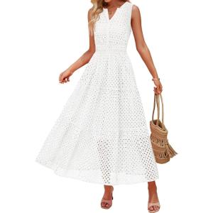 ZESICA Women’s 2026 Summer Sleeveless Maxi Dress Casual V Neck Hollow Out Eyelet A Line Flowy Party Long Dresses(White)