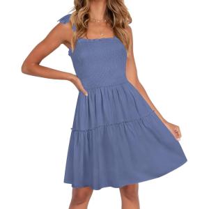 ZESICA Women’s 2026 Summer Spaghetti Strap Sleeveless Square Neck Ruffle A Line Swing Mini Dress(Dustyblue)