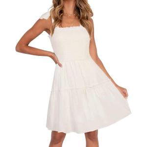 ZESICA Women’s 2026 Summer Spaghetti Strap Sleeveless Square Neck Ruffle A Line Swing Mini Dress(Ivory)