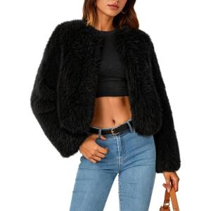 ZESICA Women’s 2026 Winter Faux Fur Coats Fluffy Cropped Jacket Long Sleeve Shaggy Outerwear Fall Clothes with Pockets(Black)