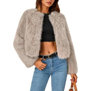 ZESICA Women’s 2026 Winter Faux Fur Coats Fluffy Cropped Jacket Long Sleeve Shaggy Outerwear Fall Clothes with Pockets(Oats)