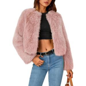 ZESICA Women’s 2026 Winter Faux Fur Coats Fluffy Cropped Jacket Long Sleeve Shaggy Outerwear Fall Clothes with Pockets(Pink)