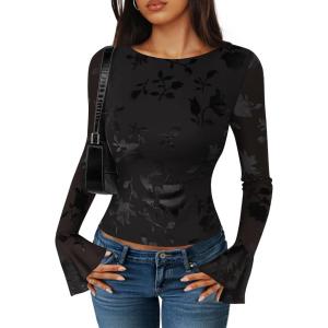 ZESICA Womens Bell Long Sleeve Going Out Tops 2026 Spring Trendy Mesh Floral Fitted Shirts Cute Date Y2k Top Outfits(Black)