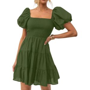 ZESICA Women’s Boho 2026 Summer Square Neck Puff Sleeve Off Shoulder Smocked Tiered Casual A Line Short Mini Dress(Armygreen)