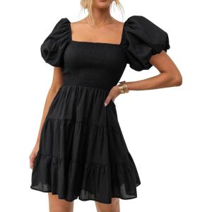 ZESICA Women’s Boho 2026 Summer Square Neck Puff Sleeve Off Shoulder Smocked Tiered Casual A Line Short Mini Dress(Black)