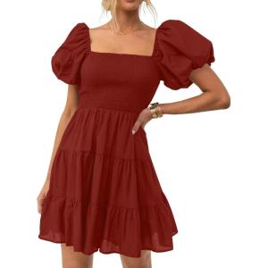 ZESICA Women’s Boho 2026 Summer Square Neck Puff Sleeve Off Shoulder Smocked Tiered Casual A Line Short Mini Dress(Brickred)