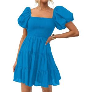 ZESICA Women’s Boho 2026 Summer Square Neck Puff Sleeve Off Shoulder Smocked Tiered Casual A Line Short Mini Dress(Cobaltblue)