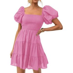 ZESICA Women’s Boho 2026 Summer Square Neck Puff Sleeve Off Shoulder Smocked Tiered Casual A Line Short Mini Dress(Dustypink)