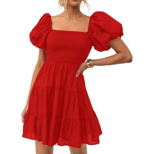 ZESICA Women’s Boho 2026 Summer Square Neck Puff Sleeve Off Shoulder Smocked Tiered Casual A Line Short Mini Dress(Firered)
