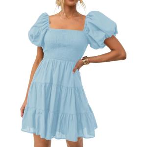 ZESICA Women’s Boho 2026 Summer Square Neck Puff Sleeve Off Shoulder Smocked Tiered Casual A Line Short Mini Dress(Lightblue)