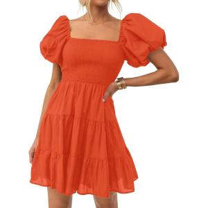 ZESICA Women’s Boho 2026 Summer Square Neck Puff Sleeve Off Shoulder Smocked Tiered Casual A Line Short Mini Dress(Orange)