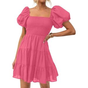 ZESICA Women’s Boho 2026 Summer Square Neck Puff Sleeve Off Shoulder Smocked Tiered Casual A Line Short Mini Dress(Pink)