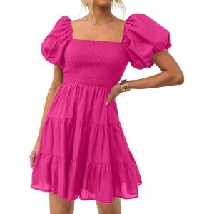 ZESICA Women’s Boho 2026 Summer Square Neck Puff Sleeve Off Shoulder Smocked Tiered Casual A Line Short Mini Dress(Rose)