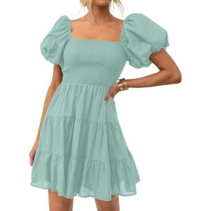 ZESICA Women’s Boho 2026 Summer Square Neck Puff Sleeve Off Shoulder Smocked Tiered Casual A Line Short Mini Dress(Sage)