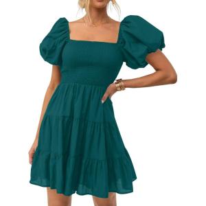 ZESICA Women’s Boho 2026 Summer Square Neck Puff Sleeve Off Shoulder Smocked Tiered Casual A Line Short Mini Dress(Teal)