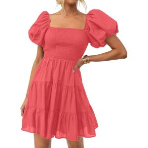 ZESICA Women’s Boho 2026 Summer Square Neck Puff Sleeve Off Shoulder Smocked Tiered Casual A Line Short Mini Dress(Watermelon)