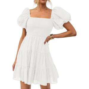 ZESICA Women’s Boho 2026 Summer Square Neck Puff Sleeve Off Shoulder Smocked Tiered Casual A Line Short Mini Dress(White)