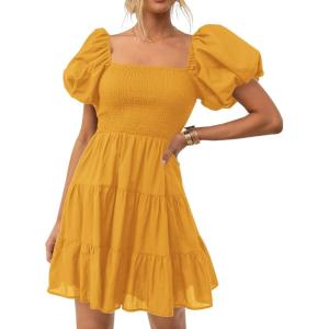 ZESICA Women’s Boho 2026 Summer Square Neck Puff Sleeve Off Shoulder Smocked Tiered Casual A Line Short Mini Dress(Yellow)