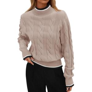 ZESICA Women’s Casual Long Sleeve Mock Neck Cable Knit Contrast Color Fall 2026 Winter Chunky Pullover Sweater(Almond)