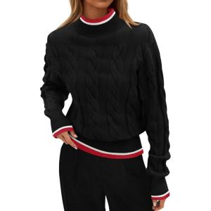 ZESICA Women’s Casual Long Sleeve Mock Neck Cable Knit Contrast Color Fall 2026 Winter Chunky Pullover Sweater(Black)