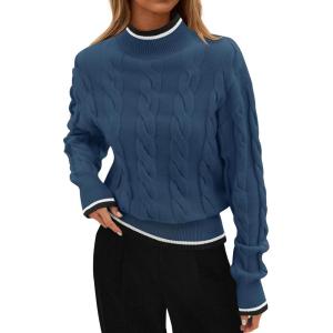 ZESICA Women’s Casual Long Sleeve Mock Neck Cable Knit Contrast Color Fall 2026 Winter Chunky Pullover Sweater(Dusty Blue)