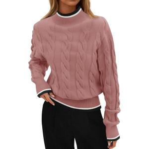 ZESICA Women’s Casual Long Sleeve Mock Neck Cable Knit Contrast Color Fall 2026 Winter Chunky Pullover Sweater(Dusty Pink)