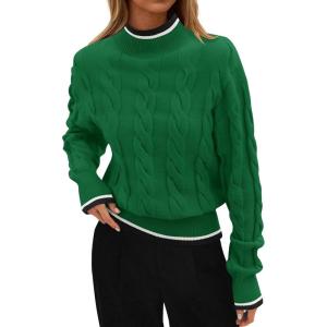 ZESICA Women’s Casual Long Sleeve Mock Neck Cable Knit Contrast Color Fall 2026 Winter Chunky Pullover Sweater(Green)