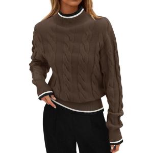 ZESICA Women’s Casual Long Sleeve Mock Neck Cable Knit Contrast Color Fall 2026 Winter Chunky Pullover Sweater(Mocha)