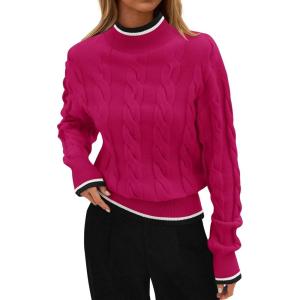 ZESICA Women’s Casual Long Sleeve Mock Neck Cable Knit Contrast Color Fall 2026 Winter Chunky Pullover Sweater(Rose)