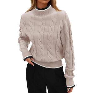 ZESICA Women’s Casual Long Sleeve Mock Neck Cable Knit Contrast Color Fall 2026 Winter Chunky Pullover Sweater(Sand)