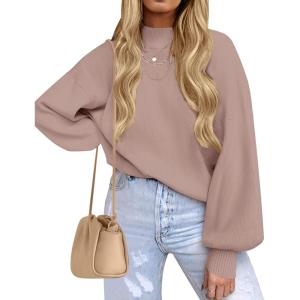 ZESICA Women’s Casual Turtleneck Long Lantern Sleeve Fall 2026 Oversized Ribbed Knit Pullover Sweater Jumper Top(Almond)
