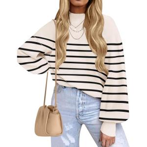 ZESICA Women’s Casual Turtleneck Long Lantern Sleeve Fall 2026 Oversized Ribbed Knit Pullover Sweater Jumper Top(Apricotstripe)
