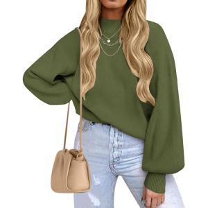 ZESICA Women’s Casual Turtleneck Long Lantern Sleeve Fall 2026 Oversized Ribbed Knit Pullover Sweater Jumper Top(Armygreen)
