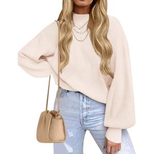 ZESICA Women’s Casual Turtleneck Long Lantern Sleeve Fall 2026 Oversized Ribbed Knit Pullover Sweater Jumper Top(Beige)